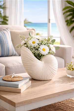 Vaso Decorativo Concha Nautilus Off White em Cerâmica