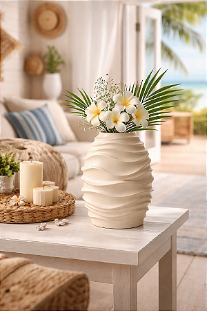 Vaso Ondas Decorativo Off White Grande em Cerâmica