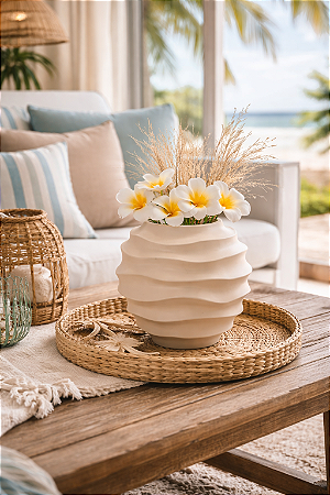 Vaso Ondas Decorativo Off White Médio em Cerâmica