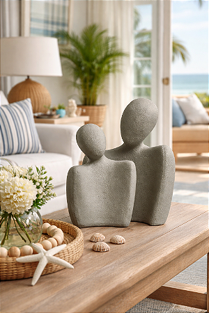 Enfeite Decorativo Estátuas Casal Cinza em Cerâmica