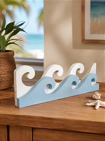 Enfeite Decorativo de Mesa Onda Azul 40 cm Decoração de Praia em madeira