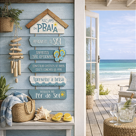Placa Decorativa Náutica - Regras da Praia - 25 X 55 Cm