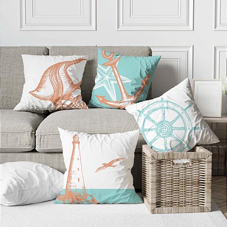 Kit 4 Almofadas Decoracao Nautica Praia Mar Azul Laranja com Enchimento