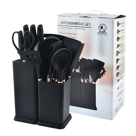 Kit Completo Jogo Utensílios de Cozinha Preto Luxo 19 Peças Com Tábua em Silicone Espátula Faca Tesoura