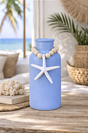 Vaso Decorativo Garrafa Azul Claro com Colar de Estrela