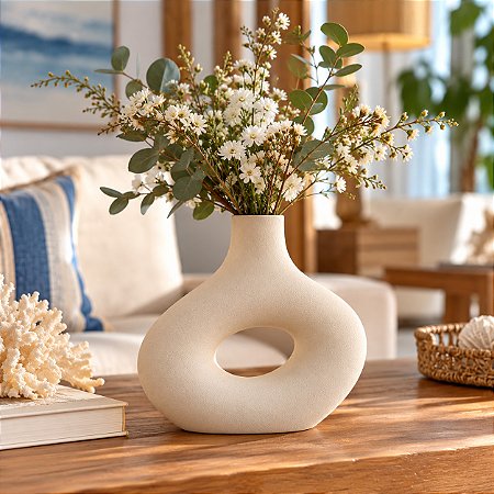 Vaso Boho Vazado Decorativo Off-white Médio em Cerâmica