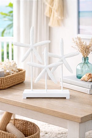 Enfeite Decorativo Pedestal Trio de Estrelas Brancas em Resina