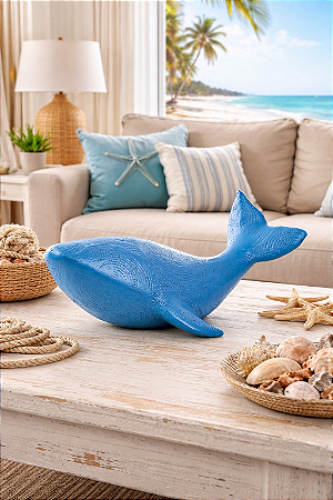 Enfeite Decorativo Baleia Texturizada Azul Grande em Cerâmica
