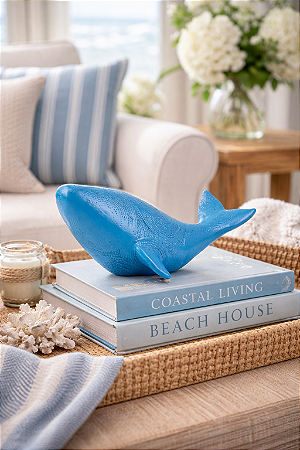 Enfeite Decorativo Baleia Texturizada Azul Média em Cerâmica