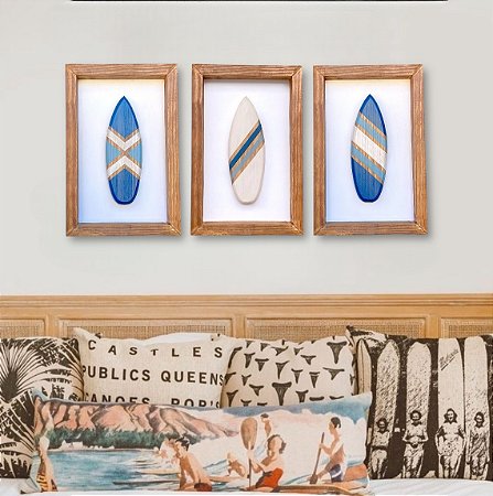 Kit 3 Quadros Prancha Azul Marinho Decoração de Parede Casa de Praia