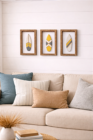 Kit 3 Quadros Pranchas Amarelas Decoração de Parede Casa de Praia