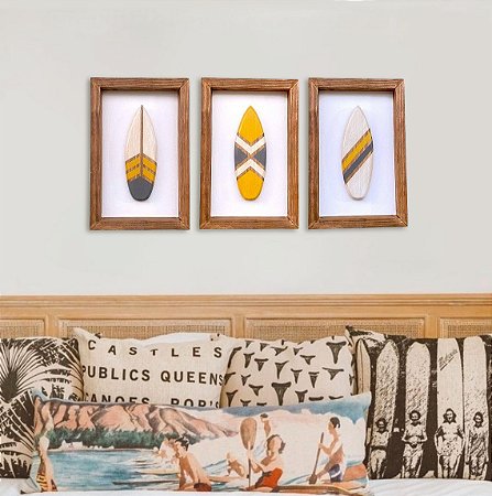 Kit 3 Quadros Pranchas Amarelas Decoração de Parede Casa de Praia