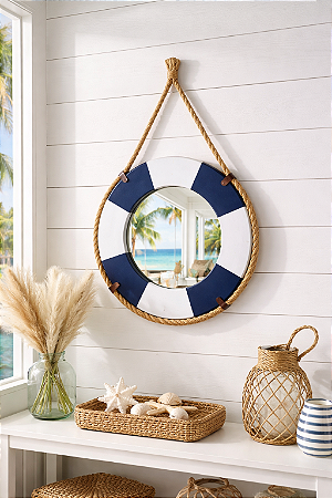 Espelho Bóia em Madeira Azul Marinho com Corda Grande Decoração Náutica Praia