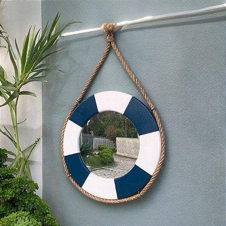 Espelho Bóia em Madeira Azul Marinho com Corda Grande Decoração Náutica Praia