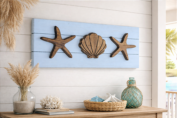 Quadro Decorativo Concha e Estrelas em Madeira Decoração Casa de Praia