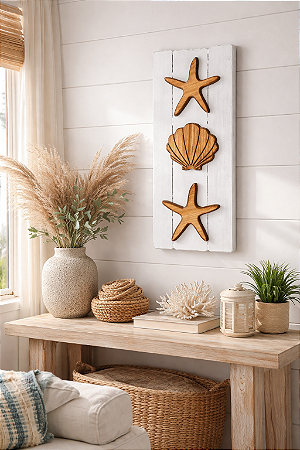 Quadro Decorativo Vertical Concha e Estrelas em Madeira Decoração Casa de Praia