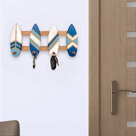 Porta Chaves e Cabideiro Prancha Azul Marinho 40 cm Decoração de Praia em madeira