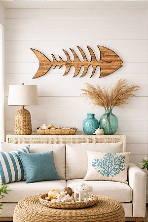 Quadro Decorativo Espinha de Peixe Marrom 100 x 40 cm Decoração de Praia em madeira