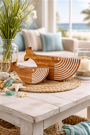 Baleias Decorativas de Mesa 2 Peças em Madeira Decoração Náutica Praia