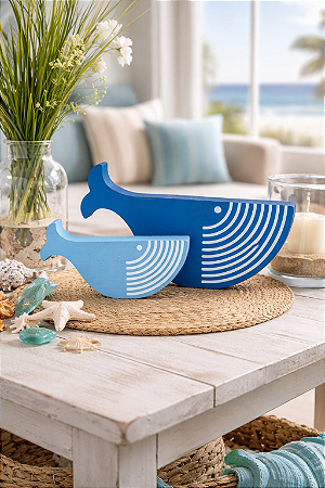 Enfeite Baleias Decorativas de Mesa 2 Peças Azul Claro e Azul Marinho em Madeira