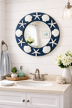 Espelho Azul Conchas e Estrelas em Madeira Decoração Náutica Praia