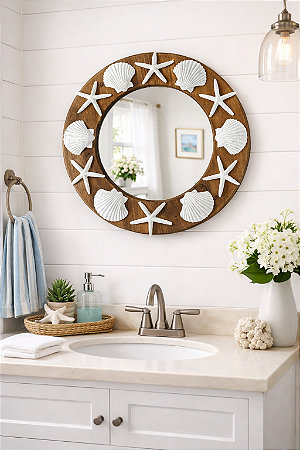 Espelho Marrom Conchas e Estrelas em Madeira