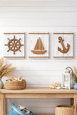 Kit 3 Quadros Náuticos Timão, Âncora e Veleiro em Madeira Decoração Náutica Praia
