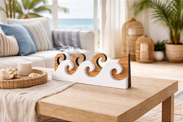 Enfeite Decorativo de Mesa Onda Marrom 40 cm Decoração de Praia em madeira