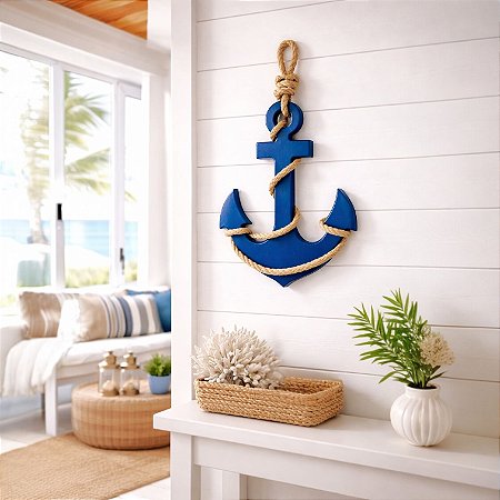 Enfeite Âncora Azul 45 cm com corda Decoração Náutica Praia