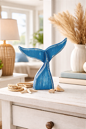 Enfeite Cauda de Baleia Azul Marinho 18 cm Decoração Náutica de Mesa