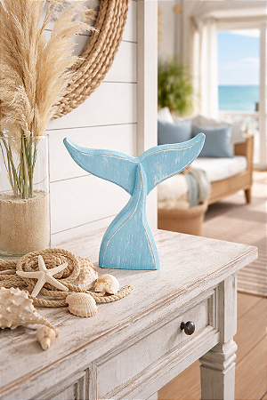 Enfeite Cauda de Baleia Azul Pastel 25 cm Decoração Náutica de Mesa