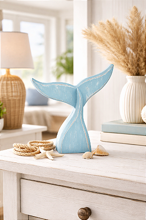 Enfeite Cauda de Baleia Azul Pastel 18 cm Decoração Náutica de Mesa