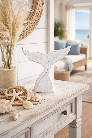 Enfeite Cauda de Baleia Branca 25 cm Decoração Náutica de Mesa