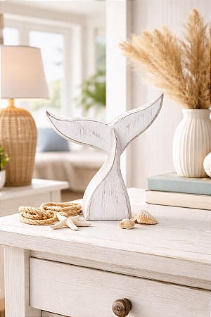 Enfeite Cauda de Baleia Branca 18 cm Decoração Náutica de Mesa