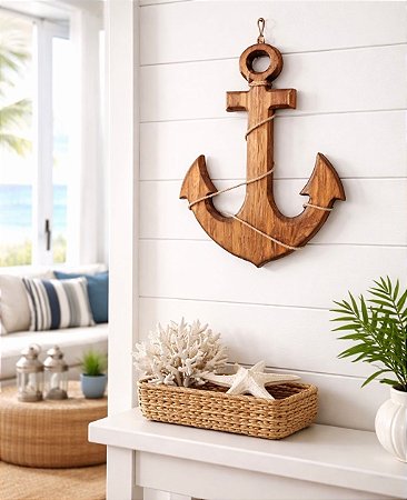 Enfeite Âncora Marrom 45 cm com corda Decoração Náutica Praia