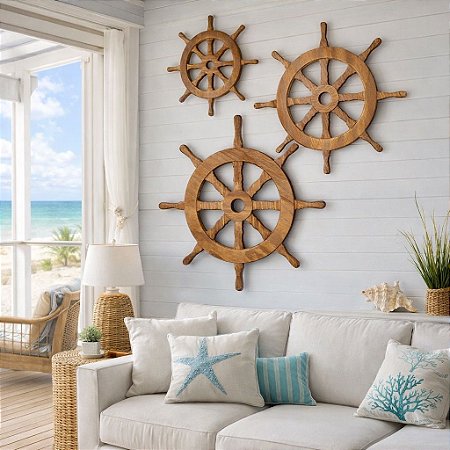 Kit 3 Enfeites Timão Leme Marrom Decoração Náutica de Parede