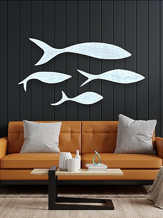 Kit 4 Peixes Branco Pátina de Parede Decoração em Madeira