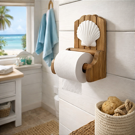 Porta Papel Higiênico Marrom com Concha Branca Decoração Náutica