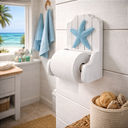Porta Papel Higiênico Branco com Estrela Azul Pastel Decoração Náutica