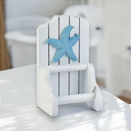 Porta Papel Higiênico Branco com Estrela Azul Pastel Decoração Náutica