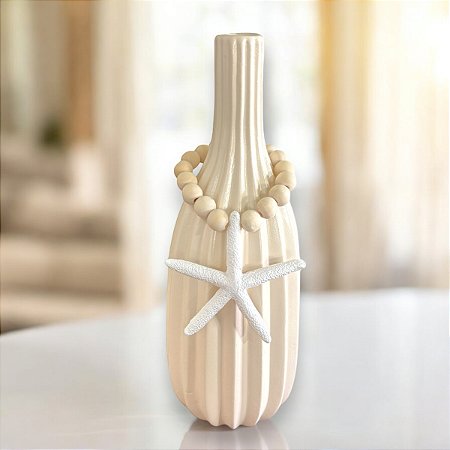 Vaso Decorativo Garrafa Riscada Off-White com Colar de Estrela