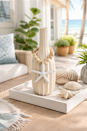 Vaso Decorativo Garrafa Riscada Off-White com Colar de Estrela