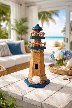 Farol Decorativo Azul Marinho em Madeira Enfeite Casa de Praia