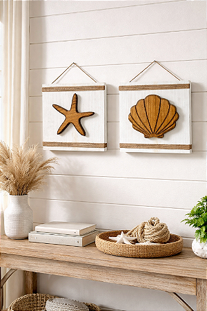 Kit 2 Placas Decorativas Concha e Estrela Decoração de Praia Náutica