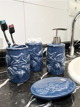 Kit de Banheiro de Cerâmica 4 Peças Conchas Azul Marinho Porta Sabonete Líquido /Saboneteira/Porta Escova/Porta algodão
