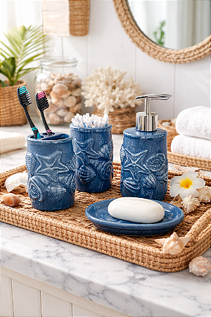 Kit de Banheiro de Cerâmica 4 Peças Conchas Azul Marinho Porta Sabonete Líquido /Saboneteira/Porta Escova/Porta algodão