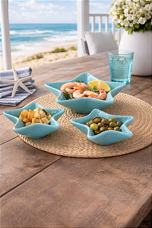 Kit 3 Petisqueiras Estrelas do Mar Azul Claro em Cerâmica