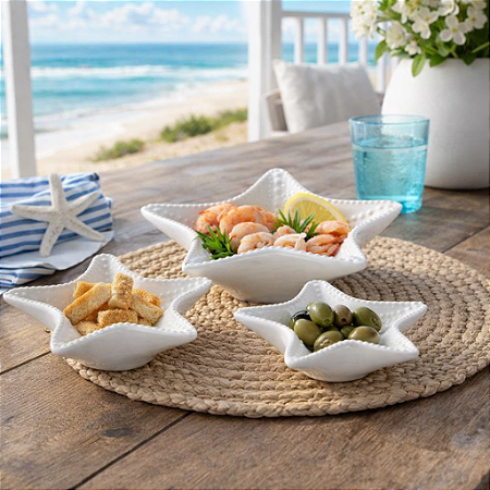 Kit 3 Petisqueiras Estrelas do Mar Branco em Cerâmica