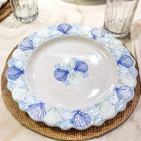 Prato Melamina Borda Concha 27x27 cm Decoração Náutica Praia
