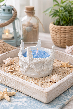 Porta Velas Estrelas Branco com Vela em Pó Azul